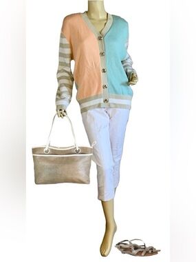 VINTAGE 1990'S PEACH, MINTY BLUE & TAUPE PASTEL COLOR BLOCK CARDIGAN (L)